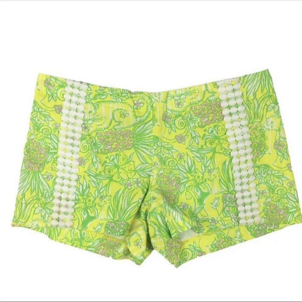 Lilly Pulitzer Liza Crazy Cat house green yellow pink shorts back zip 0